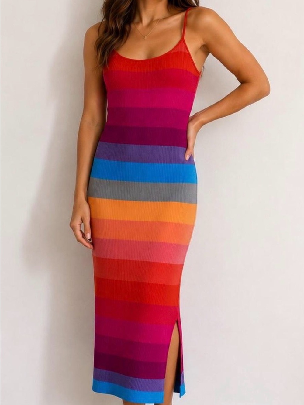 🌈 Banana Republic Rainbow Striped Ribbed Knit Midi Dress Sz M 🌈